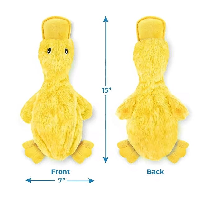 Yellow crinkle duck toy for dogs of all sizes. Front and back of the duck showing. It measures 15 inches by 7 inches. 