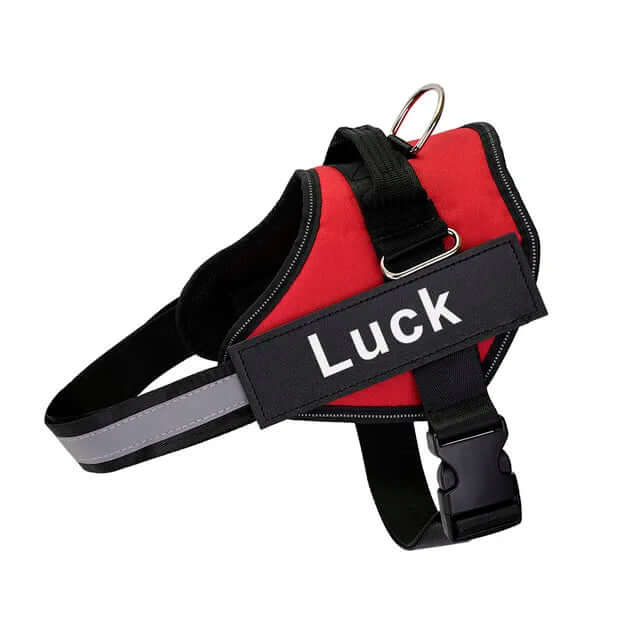 Red Rose no-pull dog harness with adjustable straps, reflective stitching, quick-release buckle, and "Luck" label for safe, comfortable walks