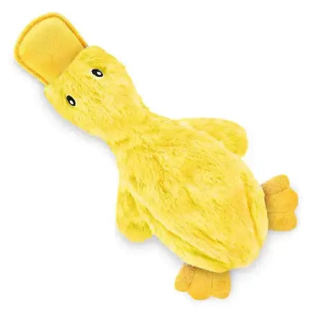 Yellow crinkle duck toy for dogs of all sizes. Front of the duck display. 