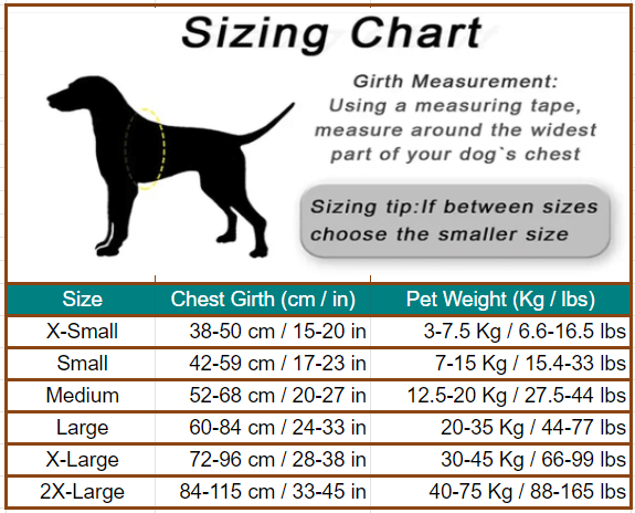 No-Pull Dog Harness Sizing Chart with chest girth and pet weight measurements in cm, inches, kg, and lbs for X-Small to 2X-Large sizes