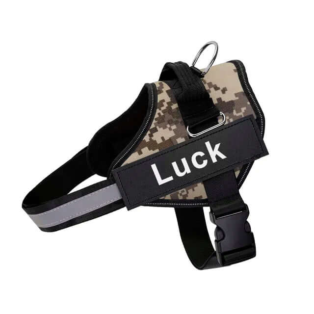 Camouflage no-pull dog harness with reflective straps, stainless steel D-ring, customizable fit, and quick-release buckle for maximum comfort and safety.