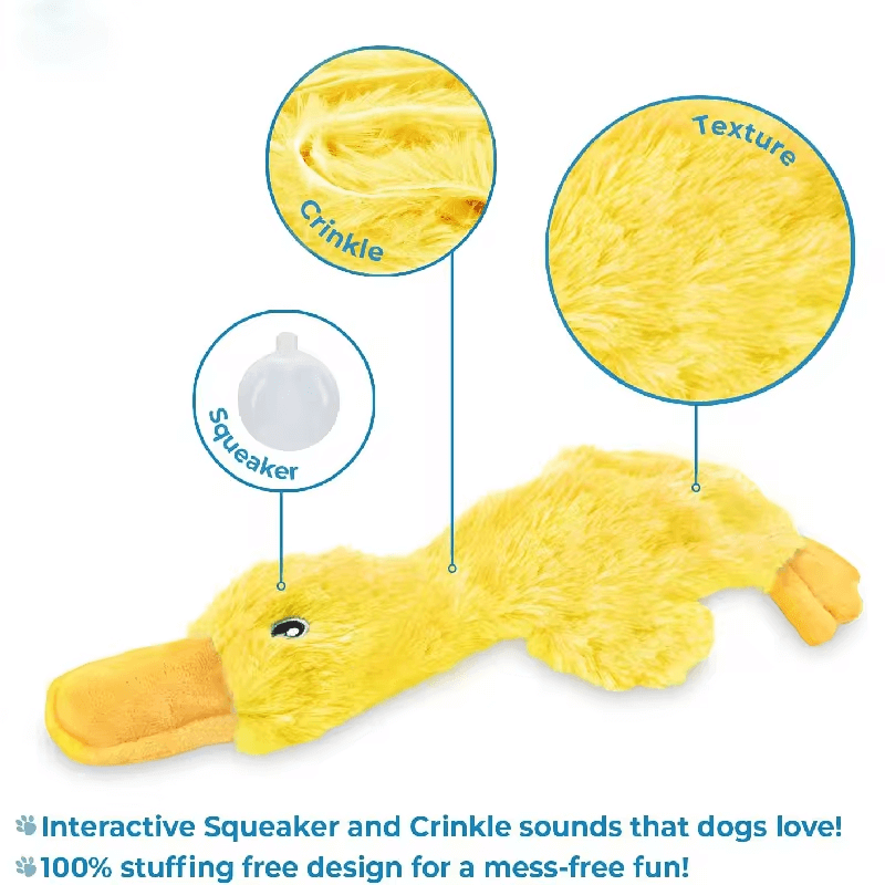 Yellow crinkle duck toy for dogs of all sizes. Interactive squeaker and crinkle sounds that dog love! 100% stuffing free design for a mess free fun!