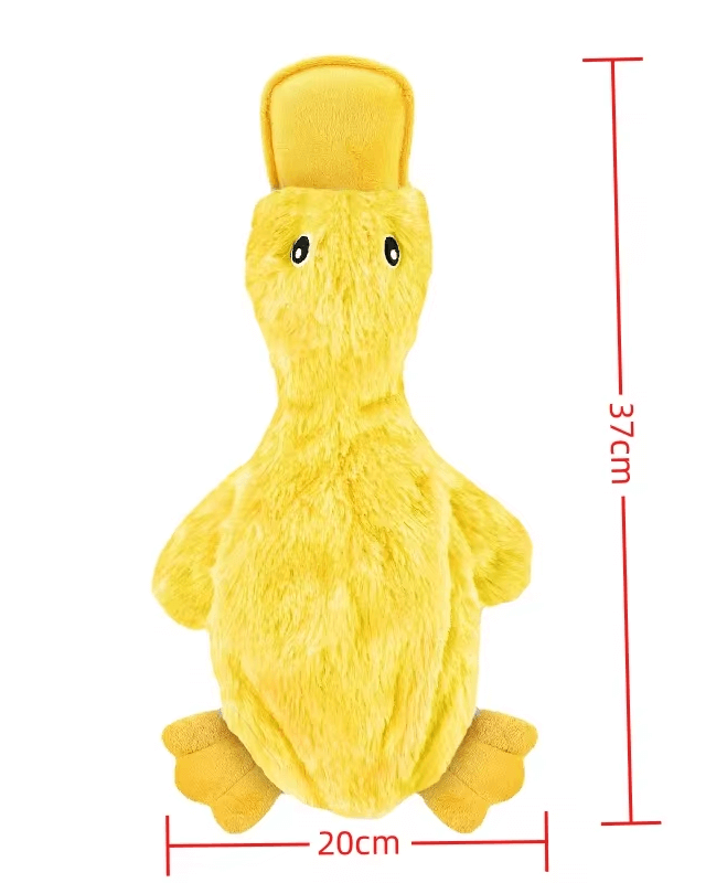 Yellow crinkle duck toy for dogs of all sizes. Front of the duck display. It measures 37 cm by 20 cm.